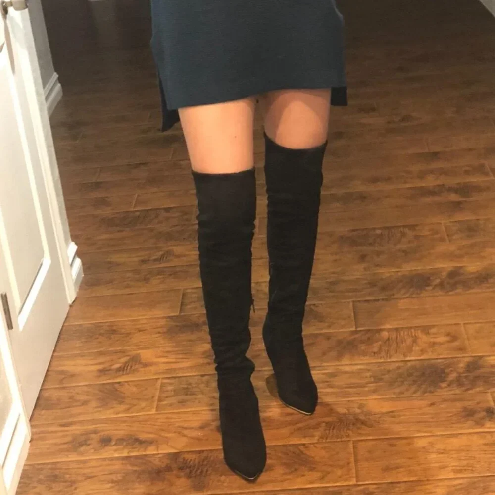 🆕Women Suede Black Over The Knee High Stretchy Leather Thigh High Snow Boots